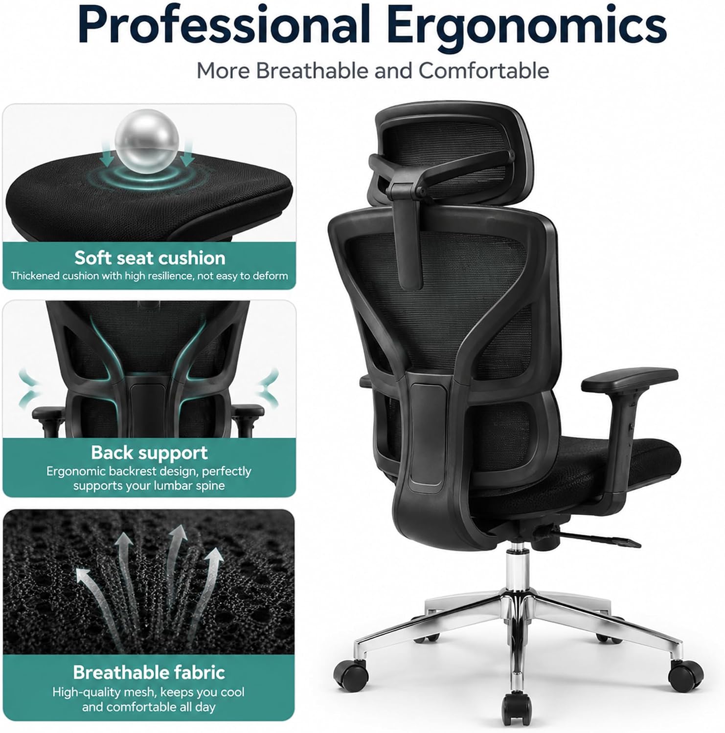 Garvee Ergonomic Office Chair - Fabric Upholstery, Adjustable Height, Reclining Back, Adjustable Armrests, Footrest, Split Back Design, Ideal for Home Office or Computer Desk - Black XL