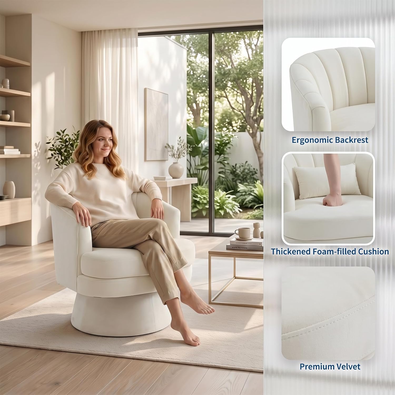 Garvee 360° Swivel Barrel Accent Chair with Lumbar Pillow, Soft Upholstered Single Armchair, Round Base for Living Room/Bedroom/Vanity - With lumbar pillow | velvet | beige