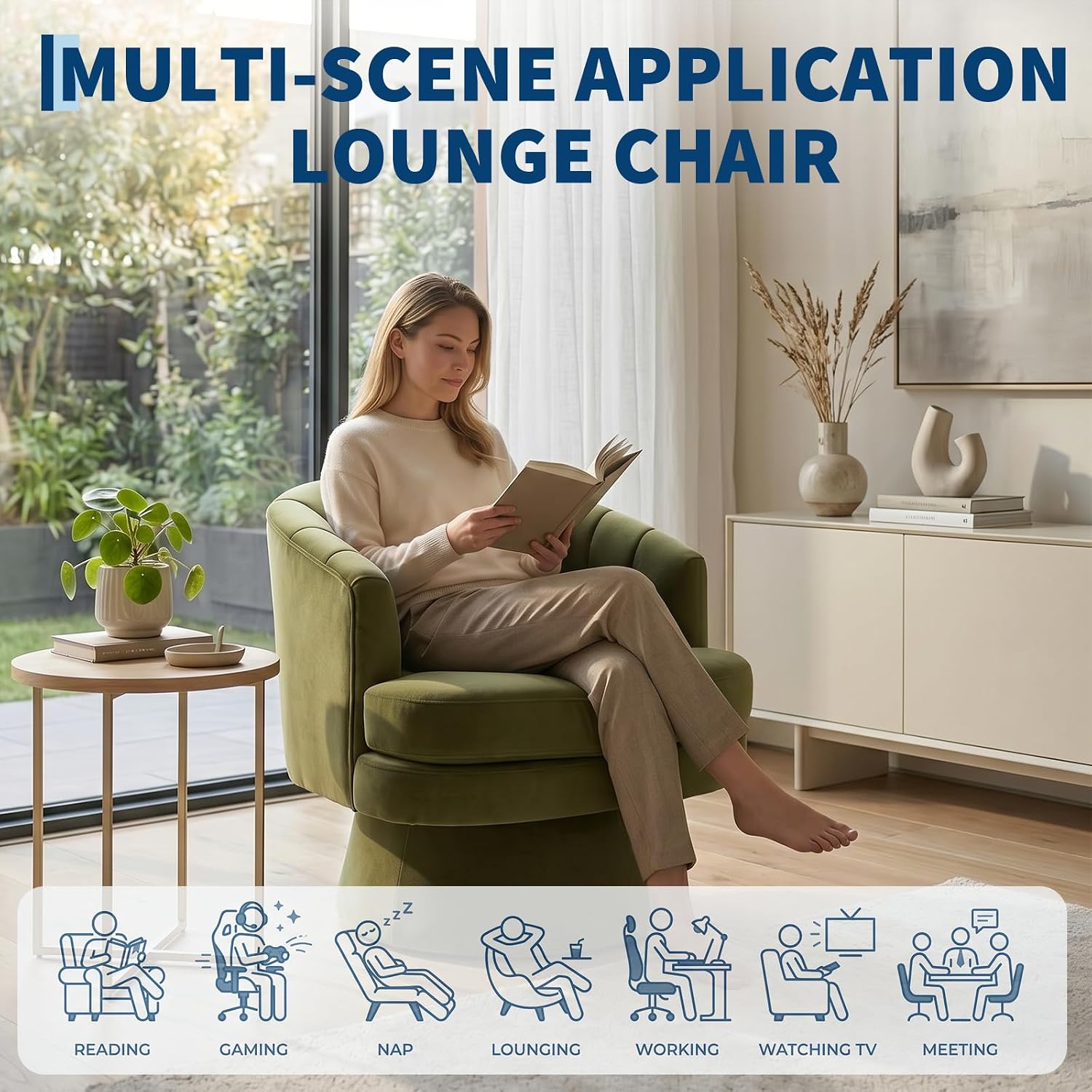 Garvee 360° Swivel Barrel Accent Chair with Lumbar Pillow, Soft Upholstered Single Armchair, Round Base for Living Room/Bedroom/Vanity - With lumbar pillow | velvet | green