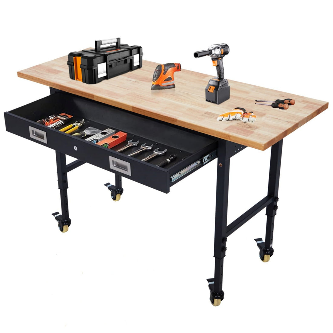 60 Inch Workbench with Drawer Storage, Adjustable Height Worktable for Garage, Rubber Wood Top Heavy Duty Workbench with Power Outlet & 4 Lockable Wheels, 2000lbs Load Capacity for Workshop Home