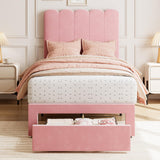 Garvee Twin Bed Frame With Under-bed Drawer, Pink Velvet Upholstered Platform Bed with Wave Headboard for Kids / Girls, Wooden Slats Support, No Box Spring Needed, Pink - Velvet Pink-1 Set
