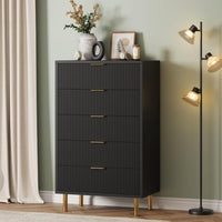 Garvee 5 Drawers Dresser for Bedroom, Fluted Dresser Chest of Drawers with Handle, Wood Modern Dressers for Closet, Bedroom Furniture Storage Organizer for Living Room, Hallway, Black