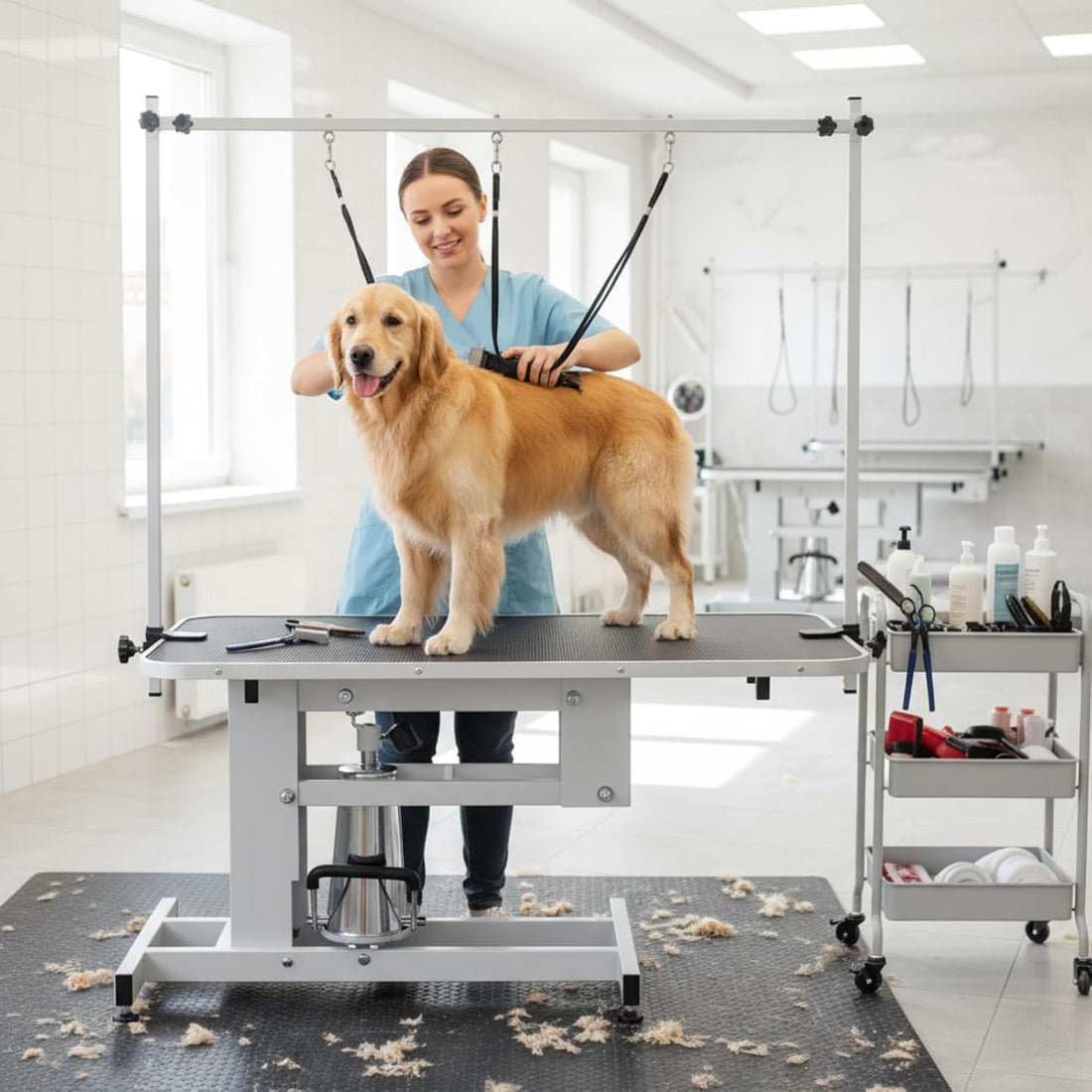 Garvee 43.3 in Hydraulic Pet Grooming Table, Professional Hydraulic Grooming Table w/Max 350 LBS Loading Capacity, 3 Adjustable Nooses, Noose & Non-Slip Top, White