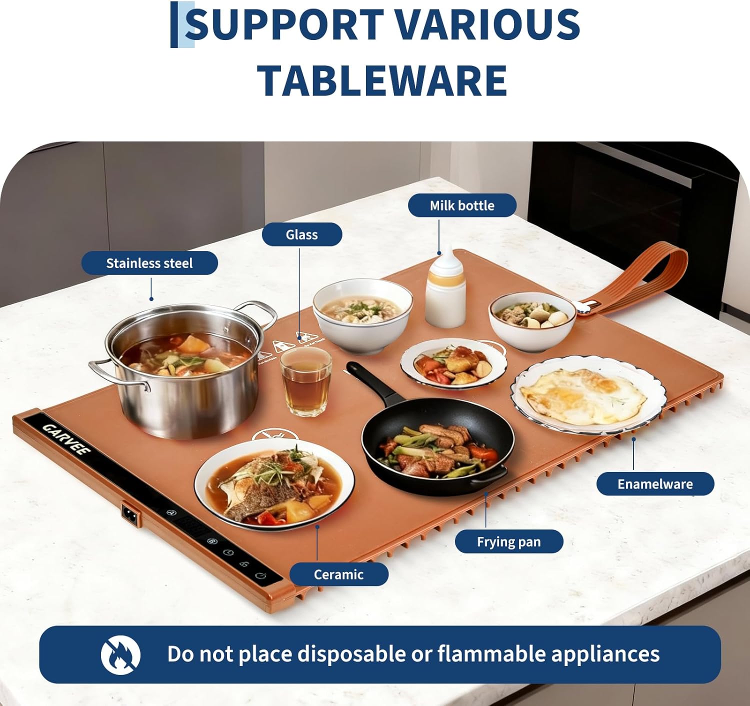 GARVEE 2-Zone Heating Food Mat - 24"X15" Warming Mat for Food Rollable Full-Surface Warmer with 6 Temp Settings & 3H Timer, Anti-Slip Heat-Insulated Pad for Meals (Orange)