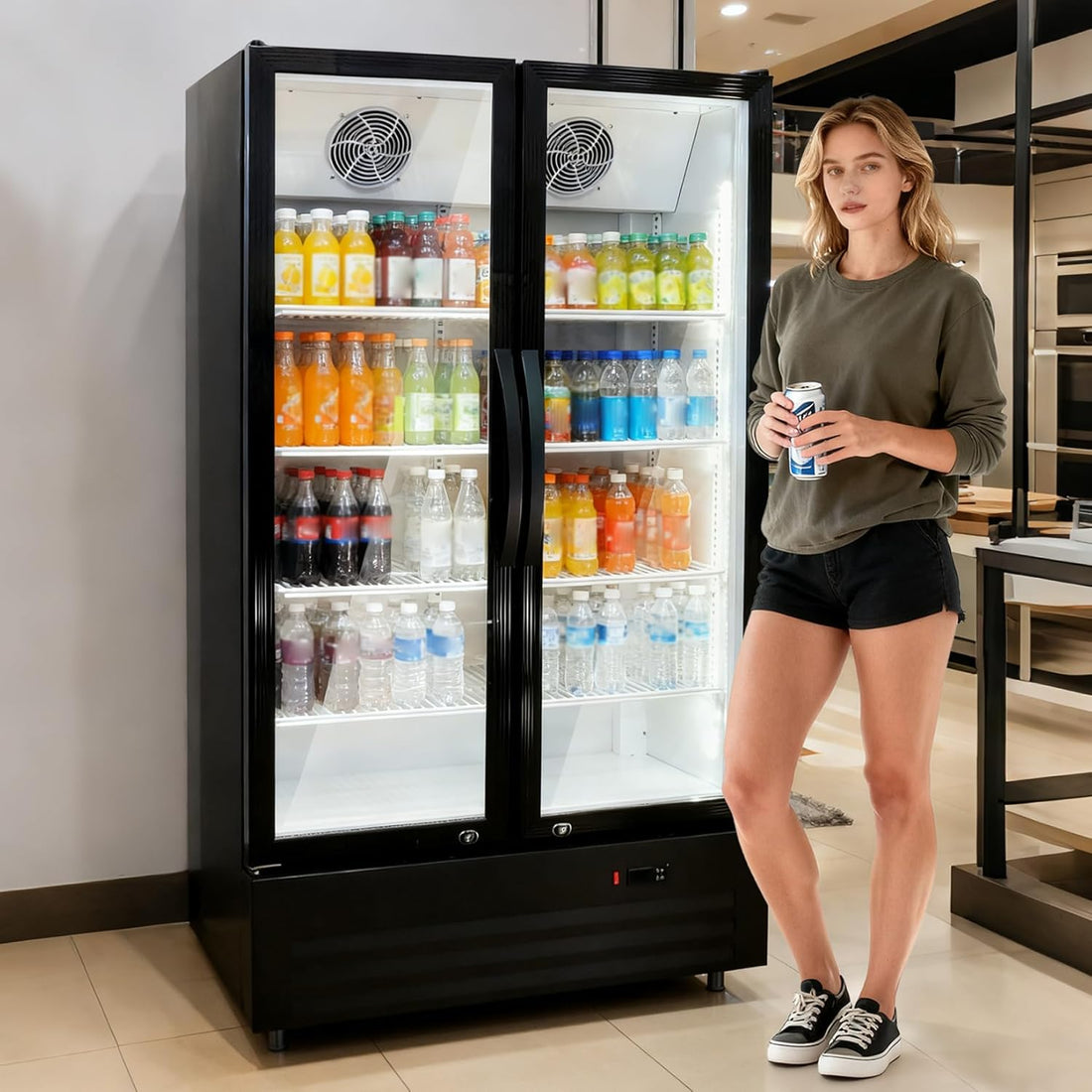 GARVEE 32.5 Cu.ft Double Door Commercial Beverage Cooler - 580-Can Glass Display Fridge | Frost-Free Air-Cooled, Automatic Door Rebound | for Bar/Restaurant/Supermarket (Black)