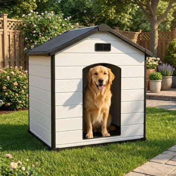 Garvee Large Dog House Indoor Outdoor Waterproof, 46" Durable Plastic Dog Kennel with Raised Floor, Removable Roof & Air Vent for Small to Large Dogs, Easy Assembly