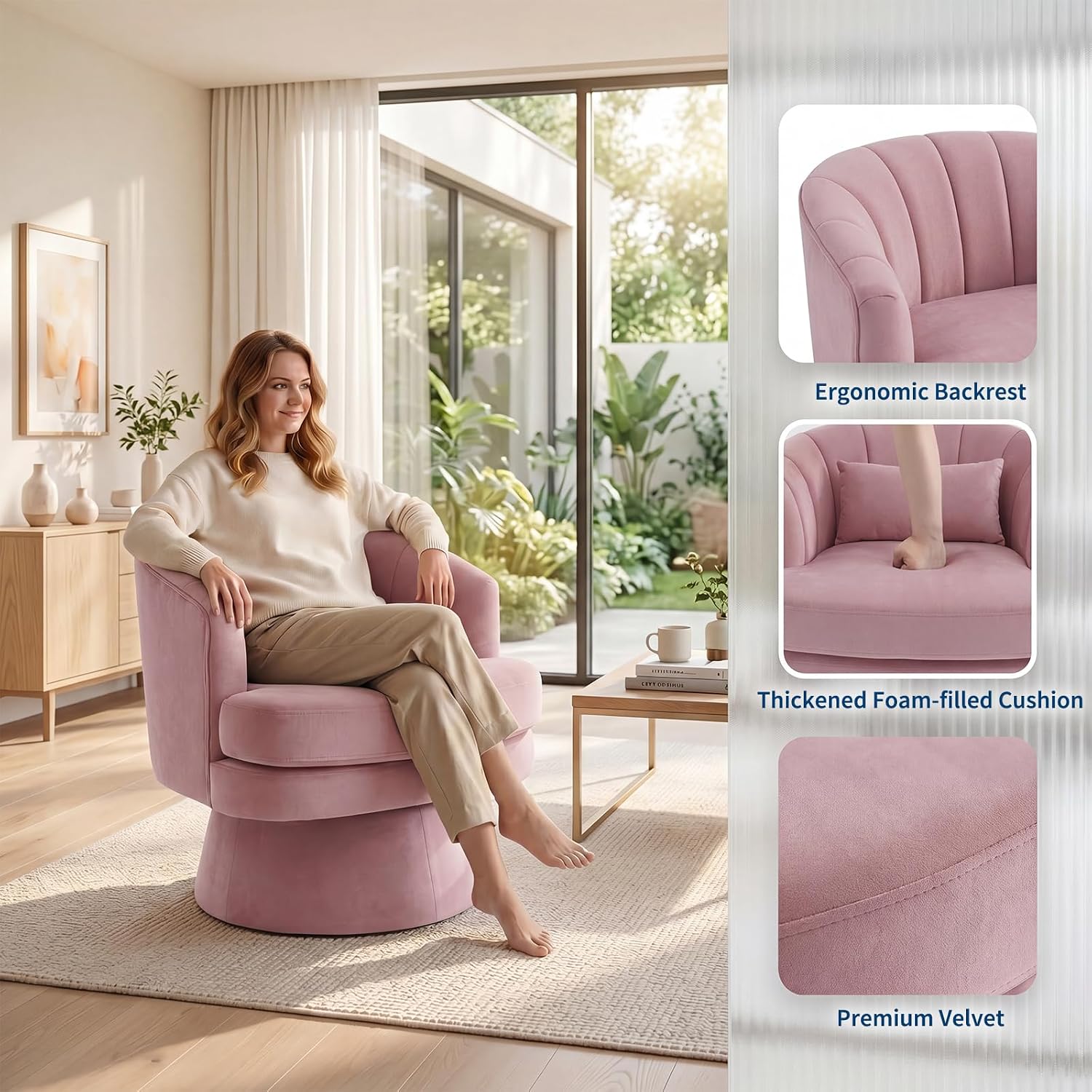 Garvee 360° Swivel Barrel Accent Chair with Lumbar Pillow, Soft Upholstered Single Armchair, Round Base for Living Room/Bedroom/Vanity - With lumbar pillow | velvet | pink