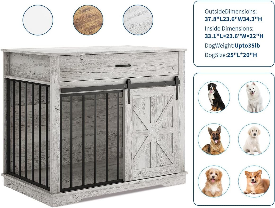 Garvee 37.8"W Dog Crate Furniture for Small/Medium Dogs, 2-in-1 Iron-Wood Fusion Dog Cage Indoor As Side End Table, Farmhouse Dogs Kennel with Sliding Barn Doors & Storage Drawer, Gray