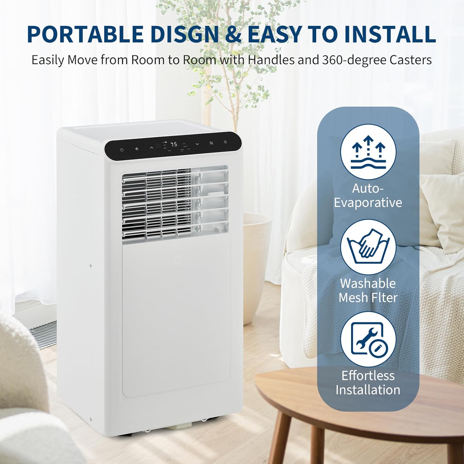 Garvee 10000BTUs Portable Air Conditioner, 3-In-1 Stand UP AC Unit with Heater, Dehumidifier, Fan Modes for Room Up to 450 Sq. Ft, Auto Swing, 24 Timer, White