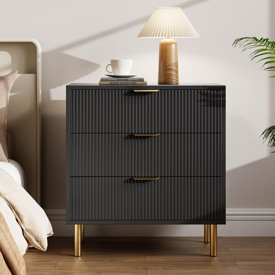 Garvee 3 Drawer Dresser for Bedroom, Modern Wooden Storage Chest with Gold Metal Handles, Anti-Tipping Design, Large Nightstand Organizer for Entryway, Hallway, Living Room, Black