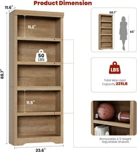 Garvee 5 Tier Bookshelf, 69" Tall Farmhouse Bookcase with Adjustable Shelves, 23.6" W Floor Standing Open Display Storage Rack with Anti-Slip Design for Home Office, Balcony, Library, Study / Living Room, Brown