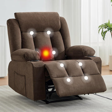 Garvee Recliner Chair 24" Seat Width, Manual Reclining Sofa with Massage and Heat, Comfy Overstuffed Rocking Chair with Side Pockets, Front Pockets and Cup Holder for Living Room, Brown