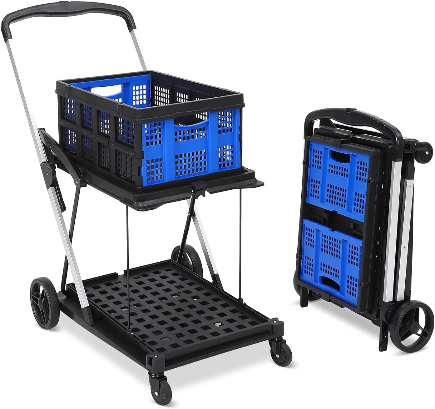 2-Tier Folding Shopping Cart with Wheels, Collapsible Service Cart with Storage Crate, Utility Carts, 200LBS High-Capacity Storage Outdoor Wagon for Groceries, Hand Truck