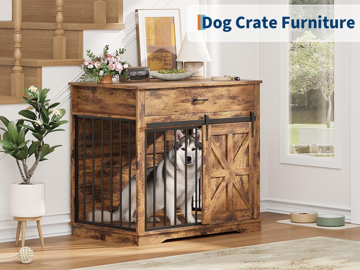 Garvee 37.8"W Dog Crate Furniture for Small/Medium Dogs, 2-in-1 Iron-Wood Fusion Dog Cage Indoor As Side End Table, Farmhouse Dogs Kennel with Sliding Barn Doors & Storage Drawer, Brown