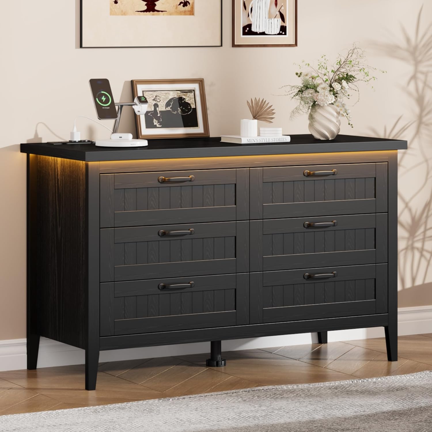 Garvee 6 Drawer Dresser with Power Outlet, Black Dresser with LED Light, Modern Chest of Drawers for Closet, Double Wide Drawer Organizer Cabinet for Bedroom, Living Room