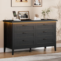 Garvee 6 Drawer Dresser with Power Outlet, Black Dresser with LED Light, Modern Chest of Drawers for Closet, Double Wide Drawer Organizer Cabinet for Bedroom, Living Room