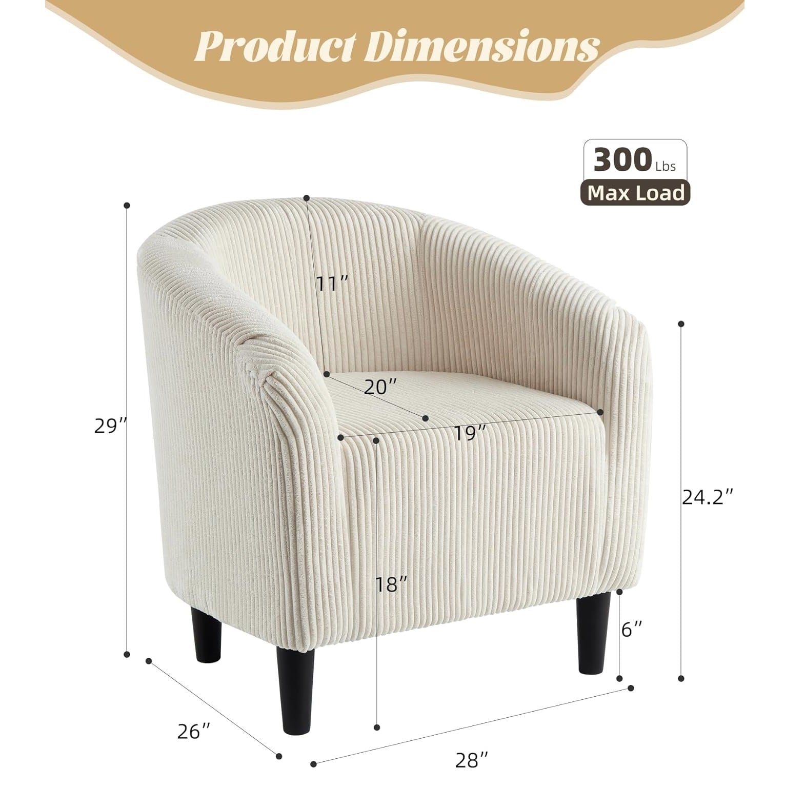 Garvee Accent Chair Corduroy Club Chair, Comfy Curved Armrest Upholstered Barrel Chair with Soft Padded Seat, U-Shaped Backrest for Living Room Bedroom Study Waiting Room, Beige