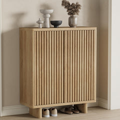 Garvee 31.6 Inch Shoe Cabinet with Fluted Door, 5-Tier Storage, Adjustable Shelves, Rustic Entryway Bench, Hallway, Natural - Natural