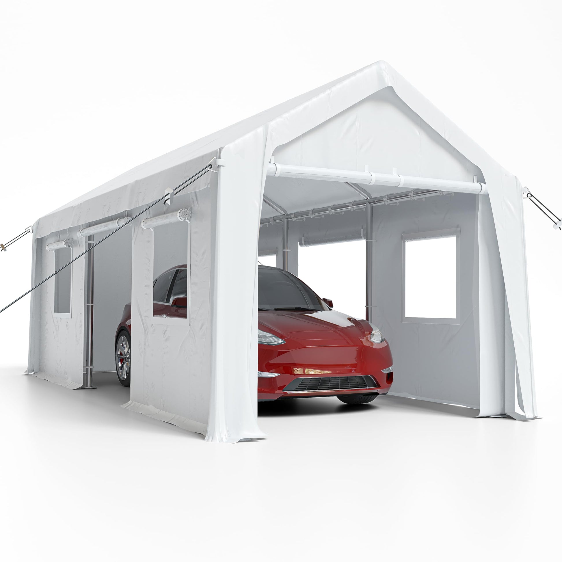 Carport, 10'x20' Heavy Duty Carport with Roll-up Ventilated Windows & Doors, Heavy Duty Carport Canopy, Height Adjustable Portable Garage for Car, Truck, Boat, Party White