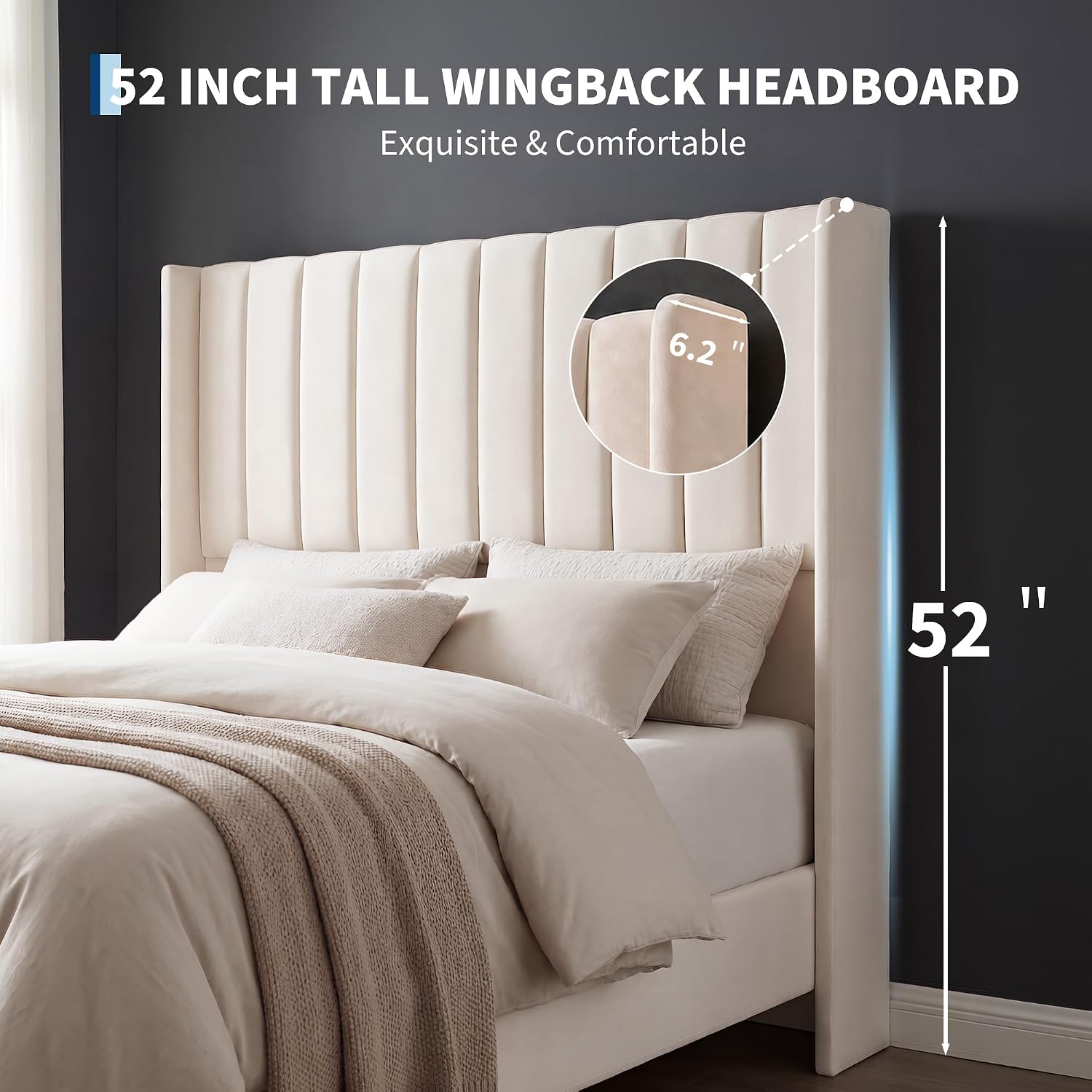Garvee Velvet Upholstered Platform Bed Frame with 52" Tall Wingback Vertical Channel-Tufted Headboard, Wood Slat Support, Underbed Storage, No Box Spring Needed, Easy Assembly - Full, Light Beige style style