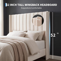 Garvee Velvet Upholstered Platform Bed Frame with 52" Tall Wingback Vertical Channel-Tufted Headboard, Wood Slat Support, Underbed Storage, No Box Spring Needed, Easy Assembly - Full, Light Beige style style