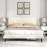 Garvee Full Bed Frame, Velvet Platform Full Bed with Wingback Headboard, Upholstered Bed Frame, Solid Wooden Slats Support, No Box Spring Needed, Beige - Beige