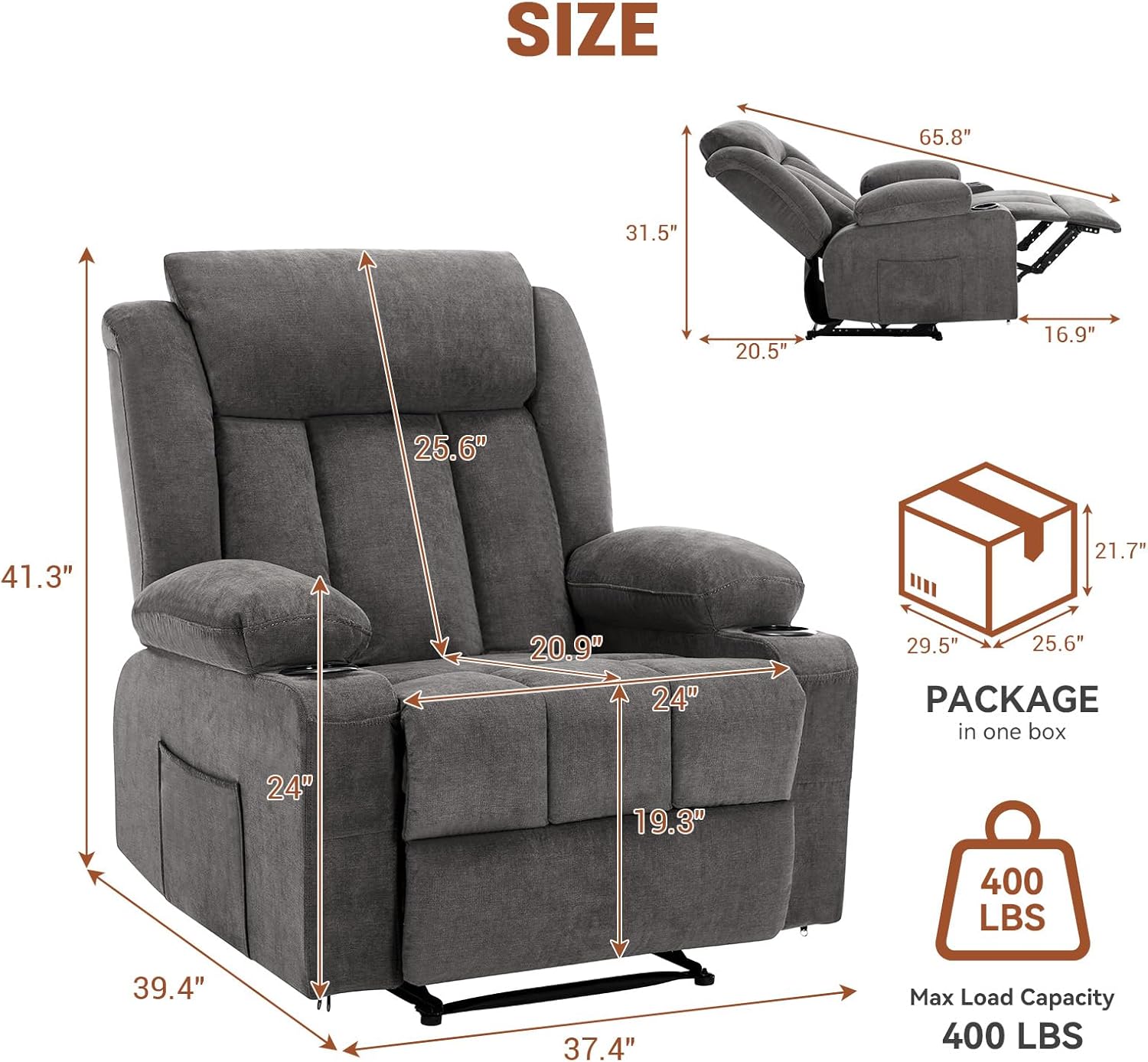 Garvee Recliner Chair 24" Seat Width, Manual Reclining Sofa with Massage and Heat, Comfy Overstuffed Rocking Chair with Side Pockets, Front Pockets and Cup Holder for Living Room, Grey