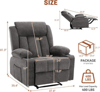 Garvee Recliner Chair 24" Seat Width, Manual Reclining Sofa with Massage and Heat, Comfy Overstuffed Rocking Chair with Side Pockets, Front Pockets and Cup Holder for Living Room, Grey