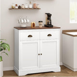 Garvee Coffee Bar Cabinet, Modern Farmhouse Buffet Cabinet with 2 Drawers and Adjustable Shelf, Double Door Kitchen Cabinet, White