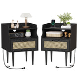 Garvee Rattan Nightstand Set of 2, Modern Side Table With Charging Station, Mid Century End Table With Drawer and 2 Open Storage Shelves for Bedroom, Dorm and Small Spaces, Black