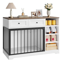 Garvee 47" Dog Crate Furniture Indoor with 2 Drawers & 4 Shelves, Large Dogs Kennel Furniture TV Stand, Wooden Dog Cage for Large Medium Dogs, White & Brown Top