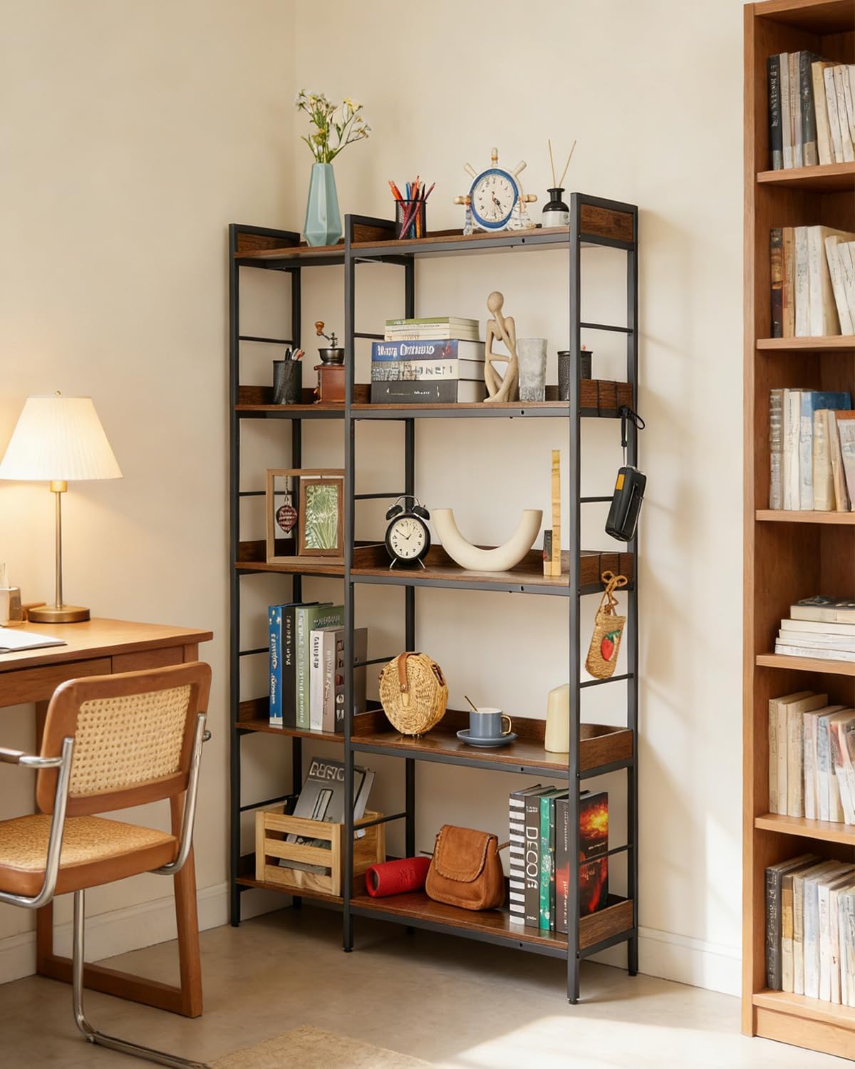 Garvee 65" Reversible Corner Bookshelf – 5-Tier L-Shaped Industrial Bookcase with 4 Hooks, Heavy Duty Wood & Metal Open Shelves – Ideal for Office, Bedroom, Living Room – Color: Brown