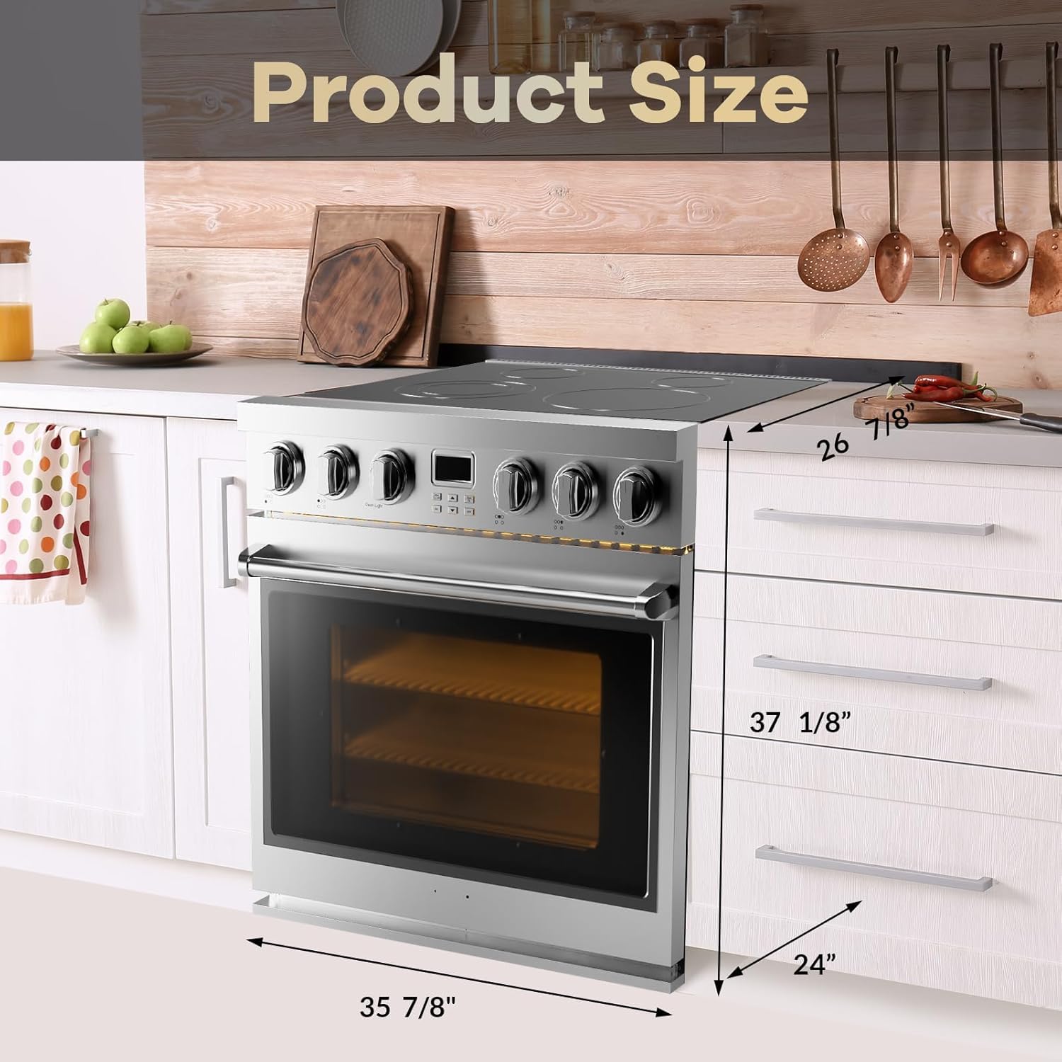 Garvee 36" Electric Range with 6 Heating Elements Cooktop, 6 Functions Convection Electric Oven, 6 Cu.Ft Capacity, Stainless Steel, Clock, Smooth Glass Top