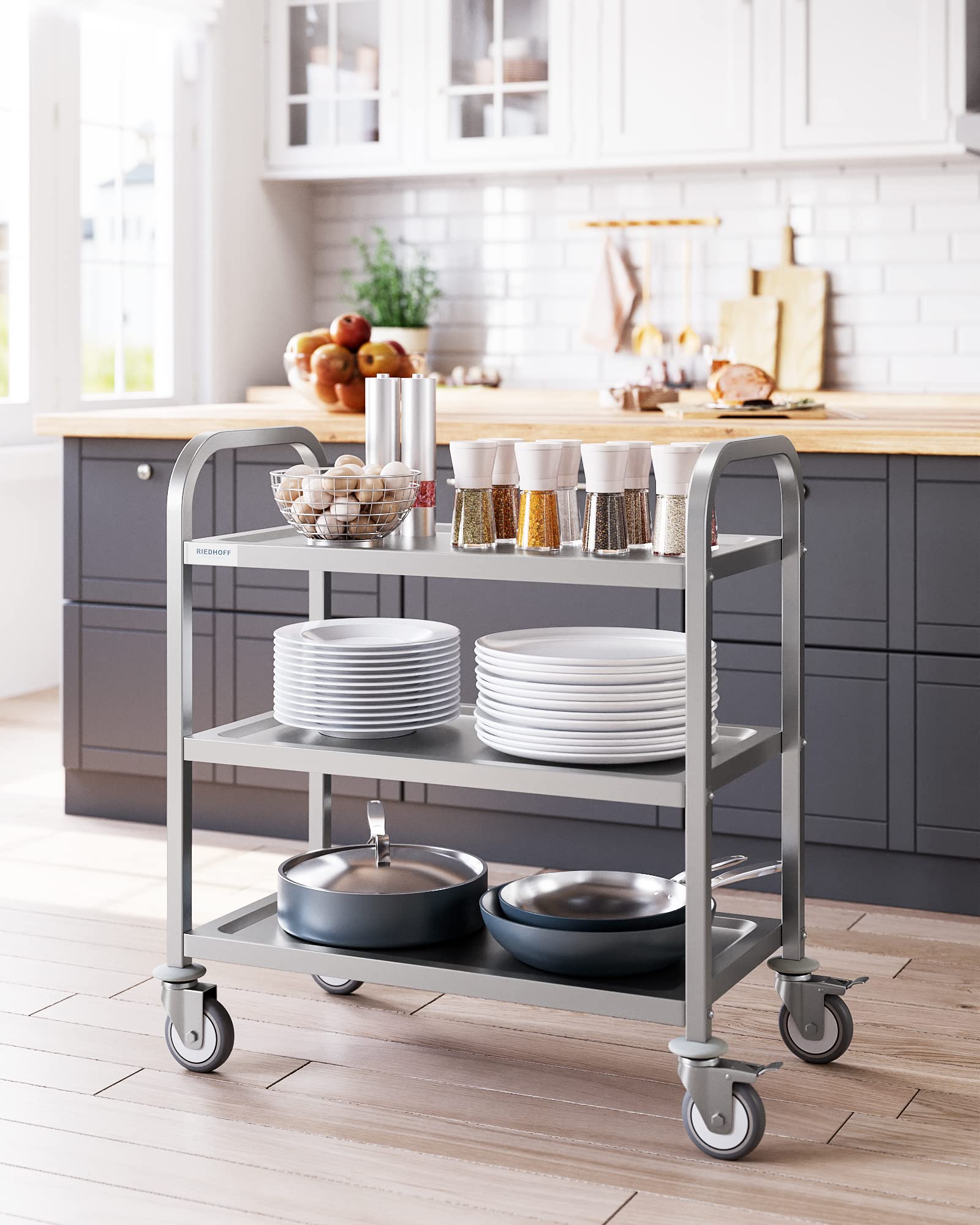 GARVEE 430 Stainless Steel Heavy Duty Utility Cart 3 Shelves Service Carts with Wheels Silver