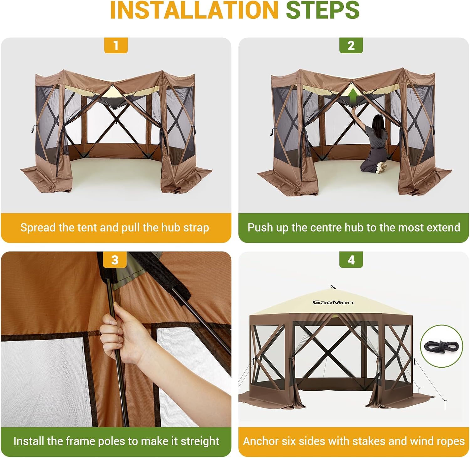 Garvee 10x10ft Portable Pop-Up Camping Gazebo - 6-Sided Canopy Screen Tent with Mesh Windows & Carry Bag for Outdoor, Picnic, Backyard Party, Brown