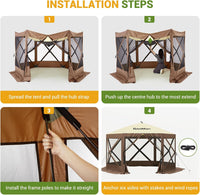 Garvee 10x10ft Portable Pop-Up Camping Gazebo - 6-Sided Canopy Screen Tent with Mesh Windows & Carry Bag for Outdoor, Picnic, Backyard Party, Brown
