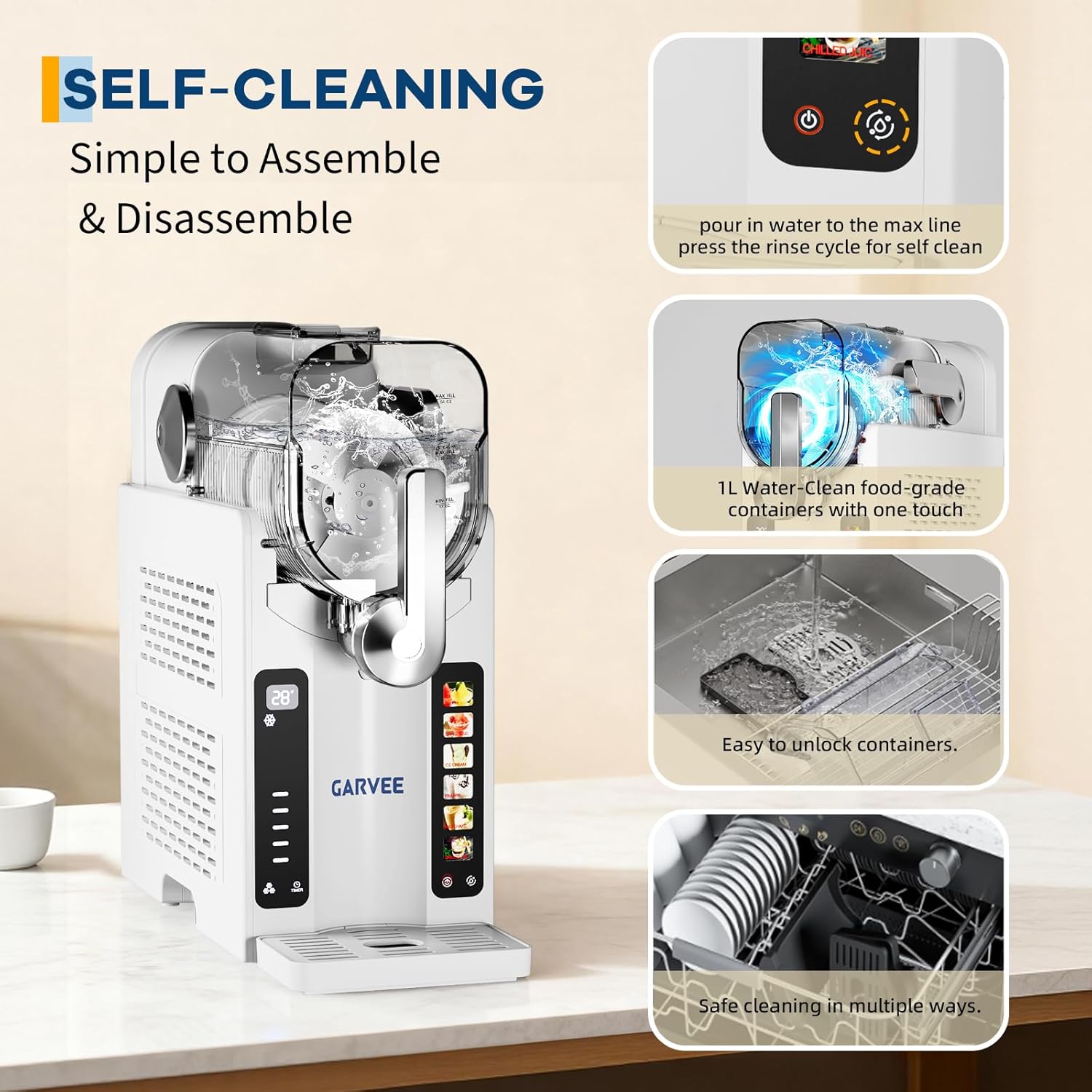 Garvee Slushie Machine for Home - 70 oz Ice-Free Frozen Drink Maker, Self-Cleaning Function with 6 Preset Programs for Margaritas, Frappés, Milkshakes, White