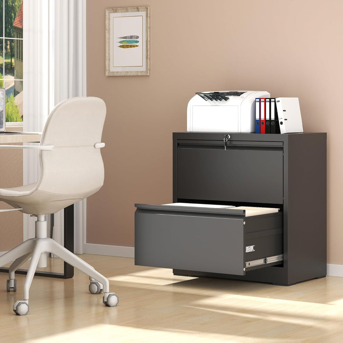Garvee 2 Drawer File Cabinet with Lock, Metal Lateral File Cabinets for Home Office, Steel Wide Filing Organization Storage Cabinets for Hanging Files Letter/Legal/F4/A4 Size, Black