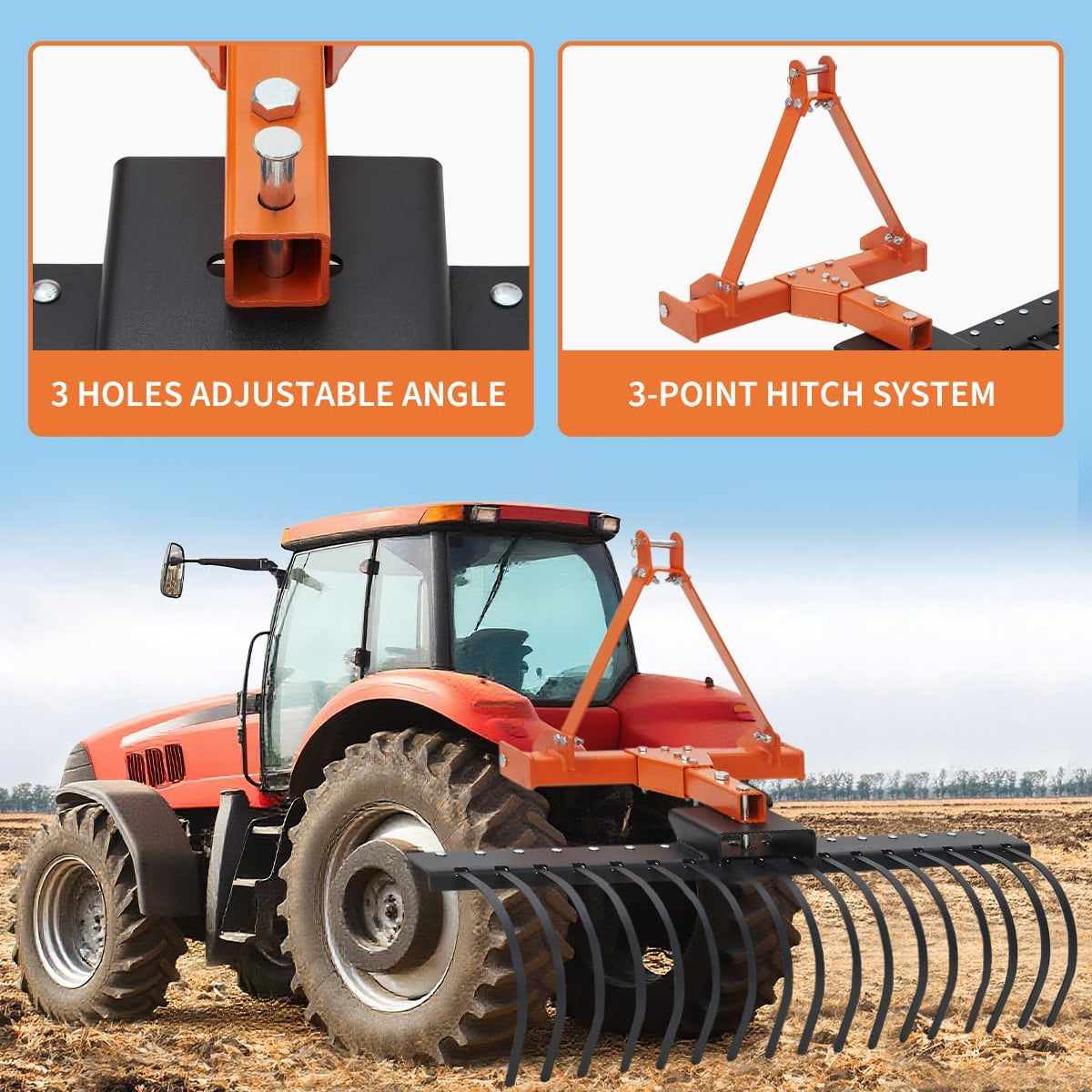 Garvee 50" Landscape Rake with 360° Rotation & Replaceable Spring Steel Tines, Carbon Steel Frame, Quick Mount, CAT-0 CAT-1 Hitch, for Brush Clearing & Soil Prep