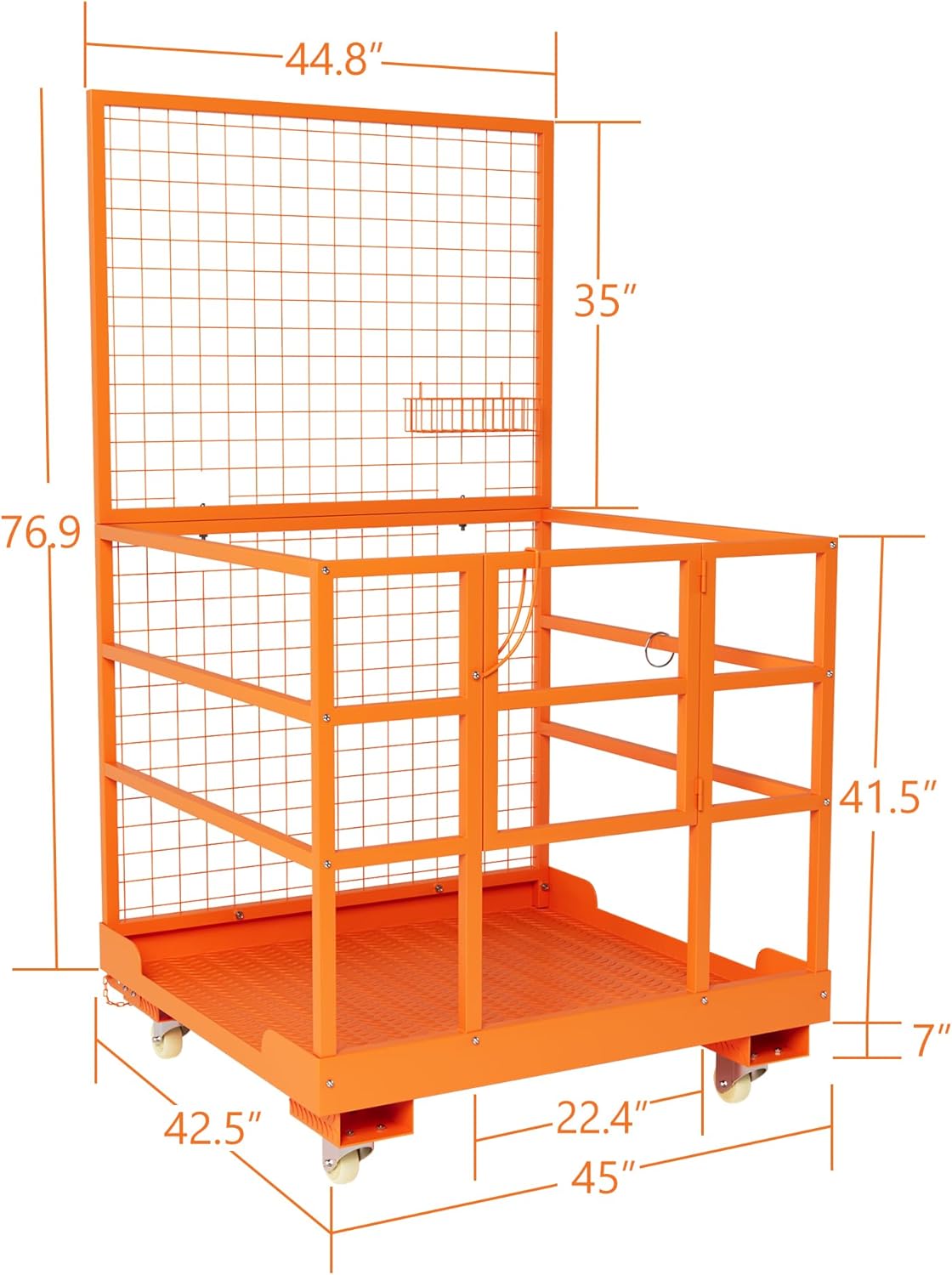 43x45 Inches Forklift Safety Cage,1800LBS Capacity Forklift Man Basket Work Platform with Guardrail and Safety Lock for 1-3 People,2 Wheels with Brakes and 2 Wheels Without Brakes