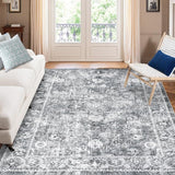 Garvee Persian Grey 5x7 Washable Vintage Floral Area Rug,Boho Non-Slip Indoor Foldable Carpet,Stain Resistant Distressed Print Mat for Living Room/Bedroom/ Kitchen/ Dining Room/Kids Room/Nursery - Gray