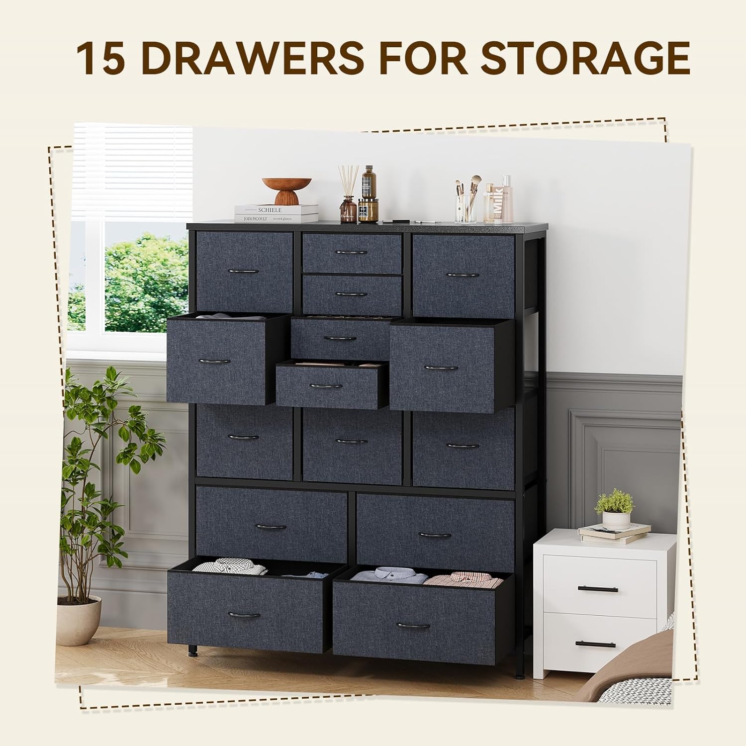 Garvee 15 Drawer Dresser for Bedroom, Tall Storage Organizer with Fabric, Metal Frame, Wood Top, Side Pockets & Hooks, Easy Assembly (Drak Gray)