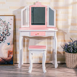 Garvee Kids Vanity, Girls Vanity Table with Tri-Folding Mirror,Stool & Drawer, 2 in 1 Wooden Princess Makeup Desk Dressing Table, Toddler Vanity,Pretend Play Vanity Set for Kids - Pink Star Snow Print