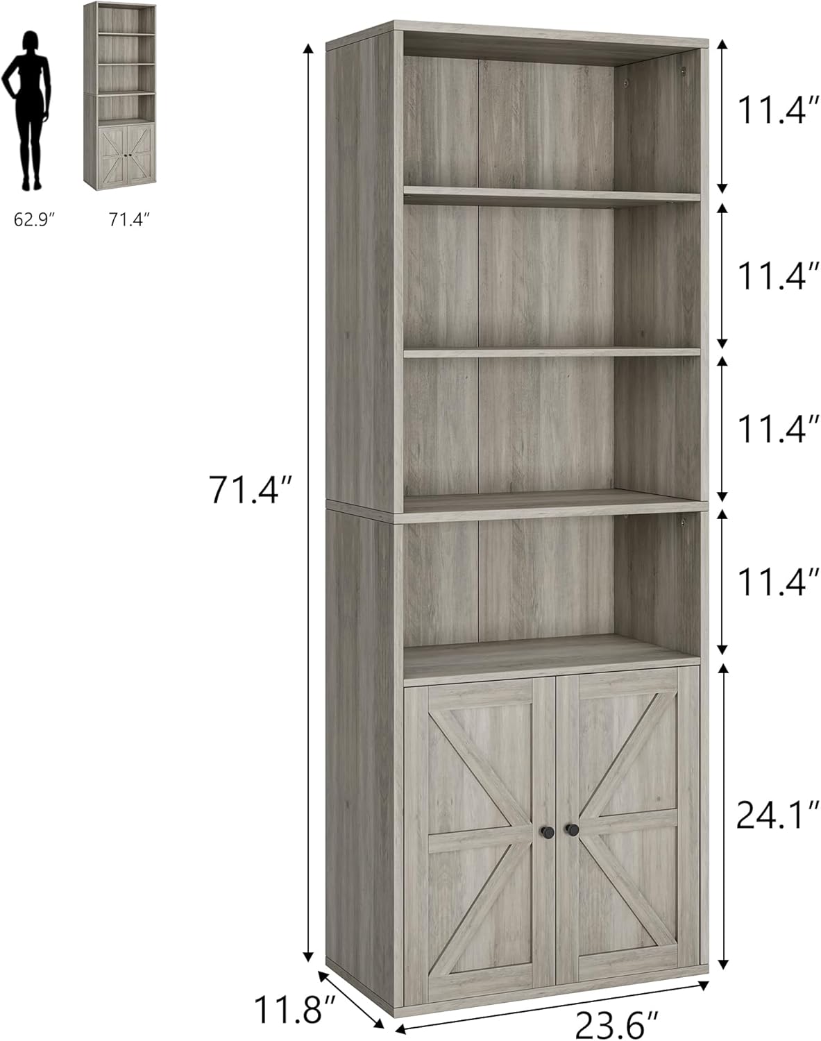 Garvee Industrial Bookshelf Bookcase with Doors & 11.8in Depth Display Storage Shelves, 71.4in Tall Farmhouse Bookcases Wooden 6 Shelf Bookshelvels for Bedroom, Living Room, Home Office, Gray