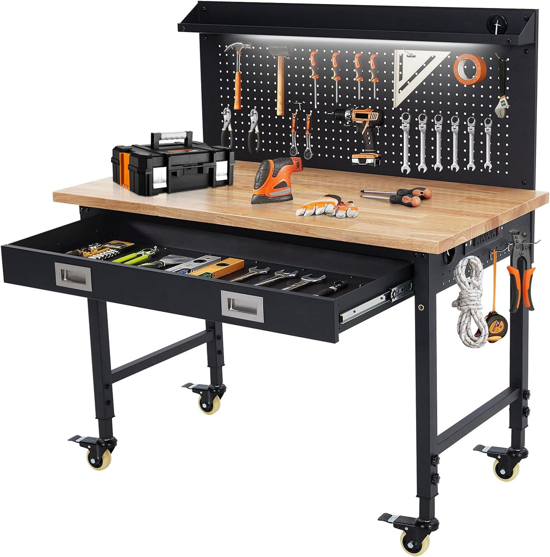 48" x 24" Adjustable Workbench 2000 Lbs Capacity, Rubber Wood Shop Table Heavy Duty Workstation with Drawer Table, Backplate, Metal Frame, Wood Top Workbench for Workshop Office Home Garage