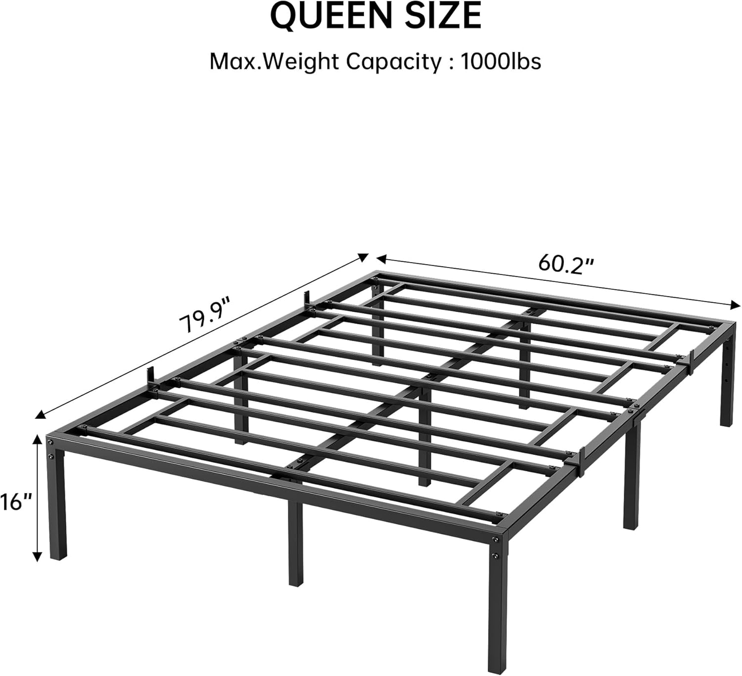 Garvee 16 Inch Queen Bed Frame No Box Spring Needed, Heavy Duty Metal Platform Bed Frame Queen Size for Bedroom Easy Assembly, Noise Free, Black, Queen