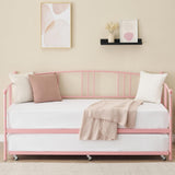 Garvee Twin Metal Daybed with Trundle, Twin Size Daybed Frame with Pullout Trundle 6 Casters, Steel Slat Support Guest Sofa Bed for Living Room, Bedroom, Apartment, No Box Spring Needed (Pink) - Pink