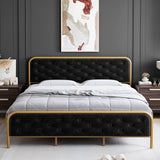 Garvee Elegant Button Tufted Velvet Upholstered Bed Frame, Noise Free, Gold-Beige - Black - Gold + black