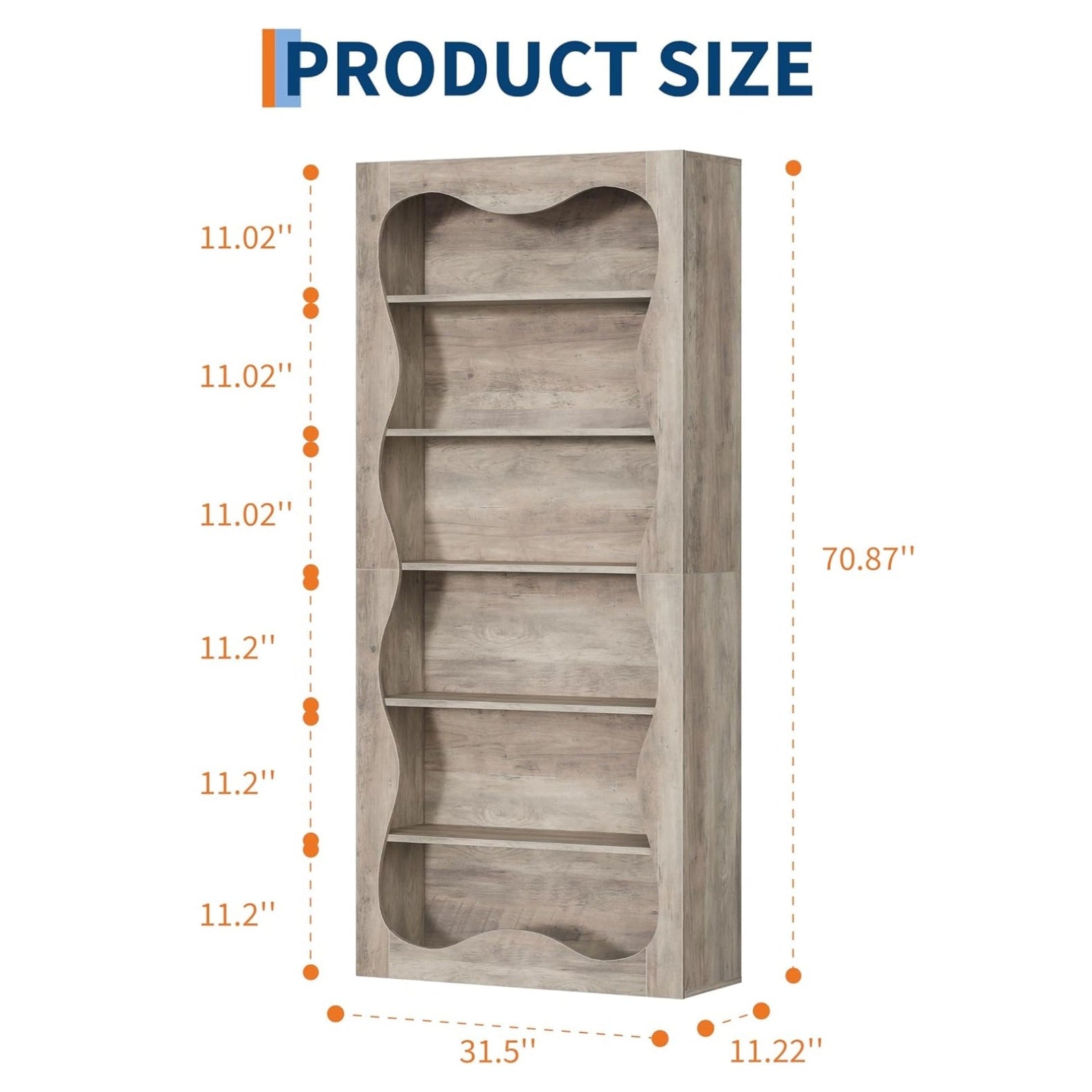 Garvee Tall 6-Tier Wood Bookshelf, Freestanding Bookcase with Wavy Scalloped Edge, Large Storage Display Shelf for Living Room Bedroom Office Library, Gray