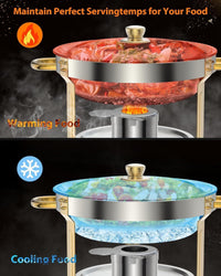 Garvee Durable Gold Stainless Steel Chafing Dish Set – 4 Pack 5QT Round Commercial Buffet Food Warmer with Lid Holder, Spoon & Tweezers – High-quality Catering Equipment for Events, Parties, Weddings – Easy to Clean – Specs: 2x2
